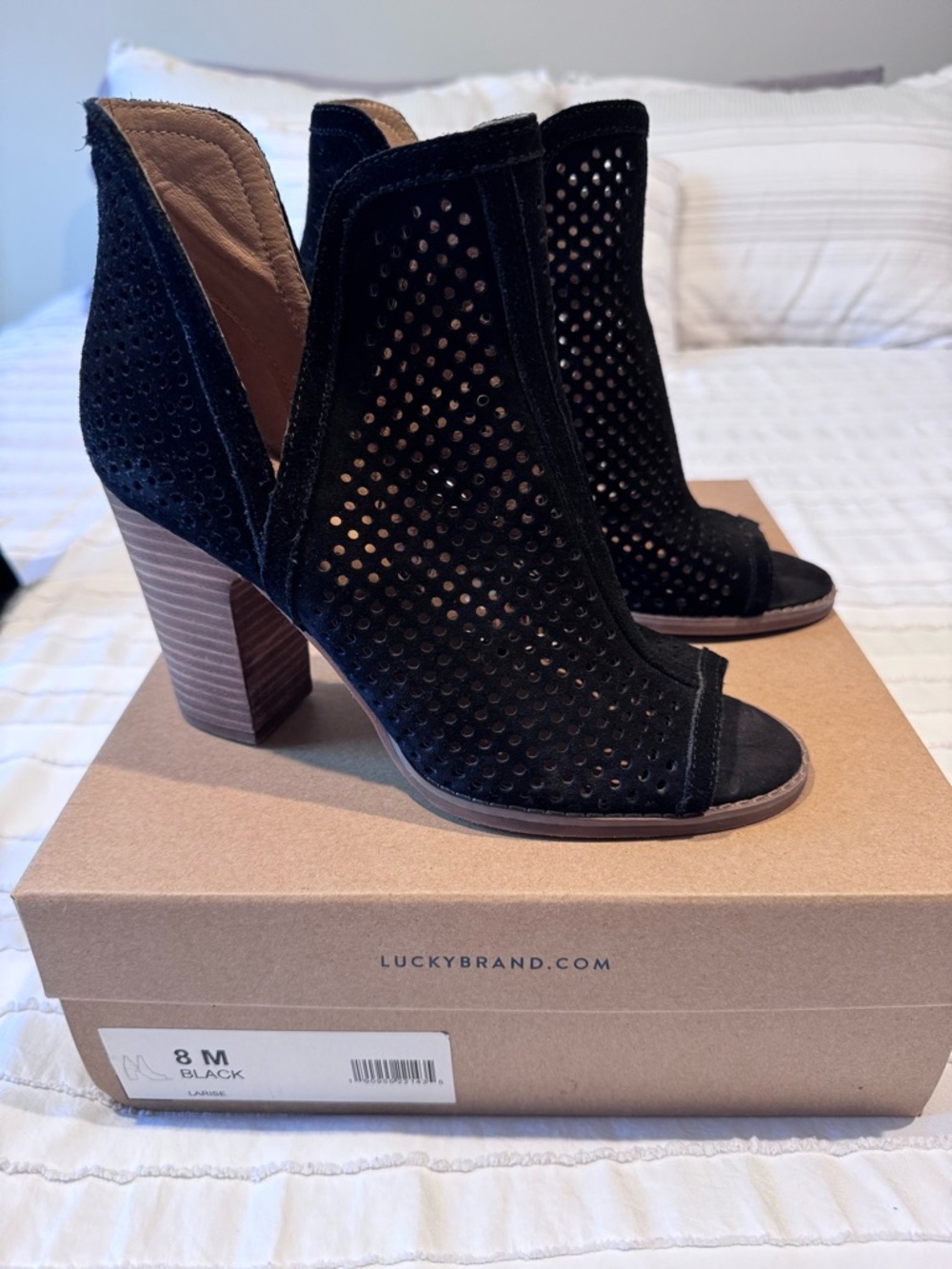 Lucky Brand Black Suede Perforated Peep-Toe Block Heel Booties